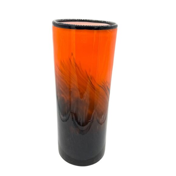 LAVORAZIONE MURANO MCM ITALIAN ORANGE BLACK PULLED FEATHER HANDBLOWN GLASS VASE
